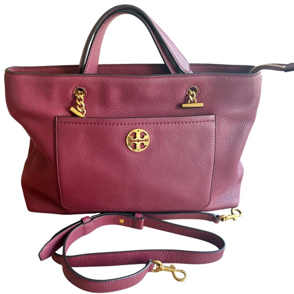 $498 TORY BURCH Chelsea Burgundy Leather Tote Satchel Gold Chain Strap EUC - Picture 1 of 16